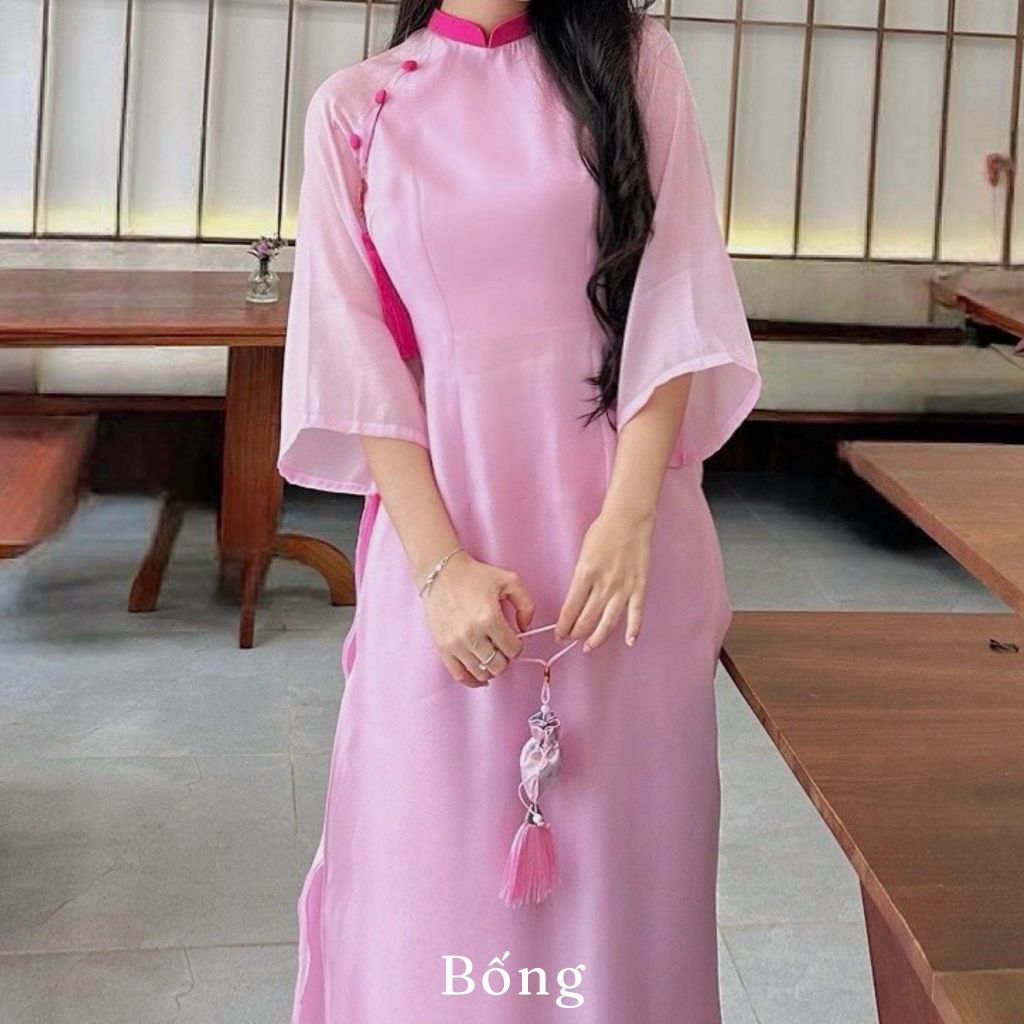 Áo dài cách tân bốn tà màu hồng phấn thiết kế kèm quần