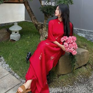 Áo dài cách tân Tết đỏ thêu bốn tà cao cấp kèm quần