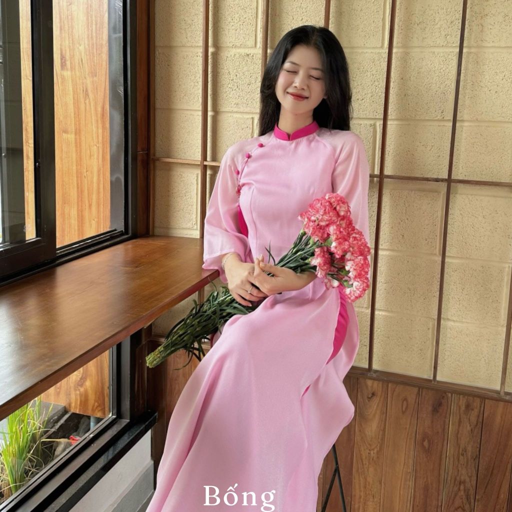Áo dài cách tân bốn tà màu hồng phấn thiết kế kèm quần