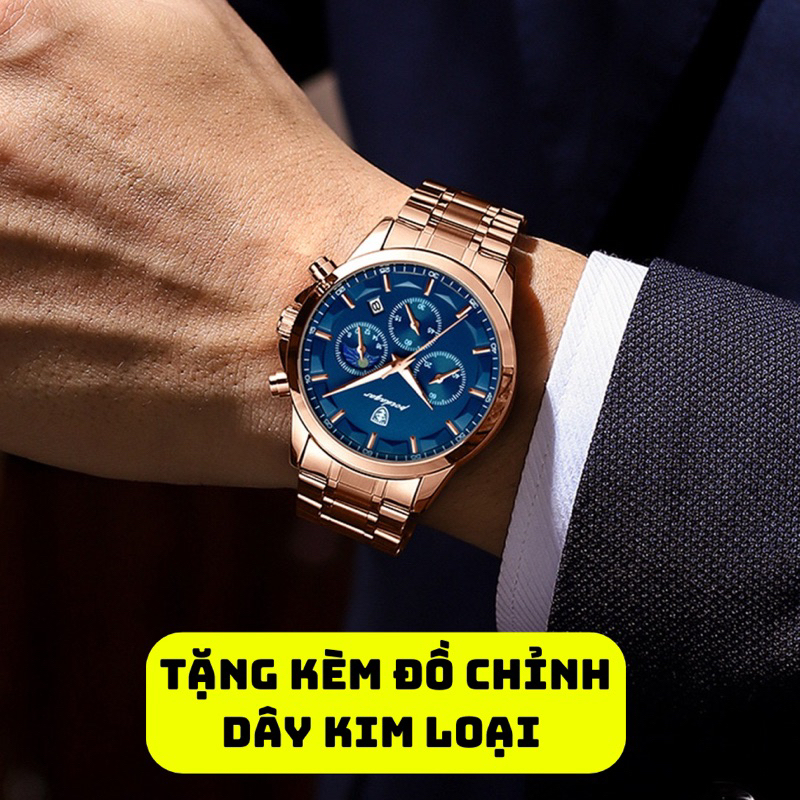 Đồng hồ nam Poedagar 928 Chính Hãng 6 Kim cao cấp dây kim loại vàng sang trọng kim dạ quang phát sáng | BigBuy360 - bigbuy360.vn