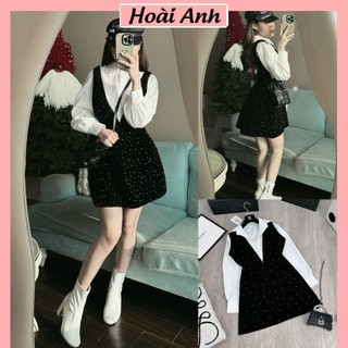 Set Bộ Đồ Nữ Váy Yếm Nhung Nhũ Đá Mix Áo Sơ Mi Thô Mềm Dài Tay Freesize