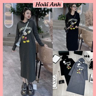 Váy Suông In Mickey Dáng Dài Có Mũ Đầm Nỉ 2 Da Form Dài Rộng Dài Tay Mũ Dây Rút Túi Hông Freesize