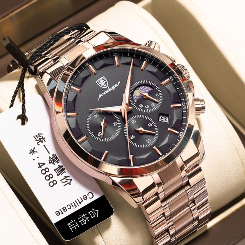 Đồng hồ nam Poedagar 928 Chính Hãng 6 Kim cao cấp dây kim loại vàng sang trọng kim dạ quang phát sáng | BigBuy360 - bigbuy360.vn