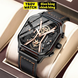 Đồng hồ nam mặt vuông chính hãng POEDAGAR 922 cao cấp dây da kim dạ quang phát sáng chống nước tốt