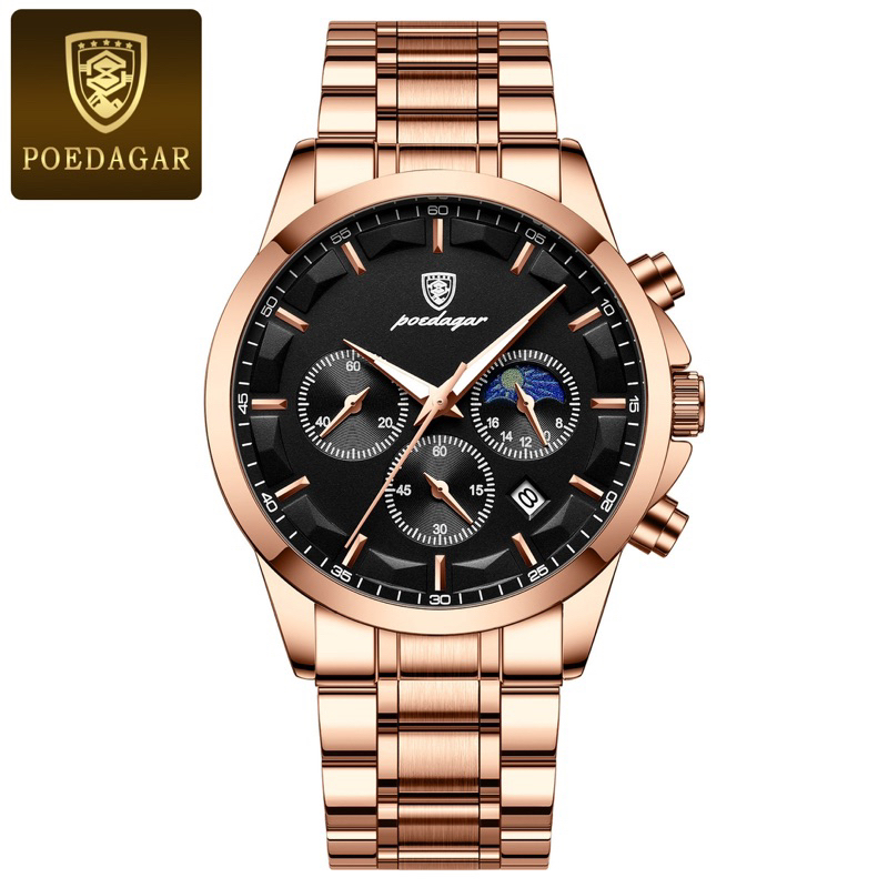 Đồng hồ nam Poedagar 928 Chính Hãng 6 Kim cao cấp dây kim loại vàng sang trọng kim dạ quang phát sáng | BigBuy360 - bigbuy360.vn