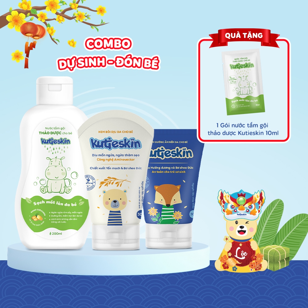 Combo Nước Tắm Gội + Kem Dưỡng Ẩm + Kem Dịu Da Kutieskin Cho Bé