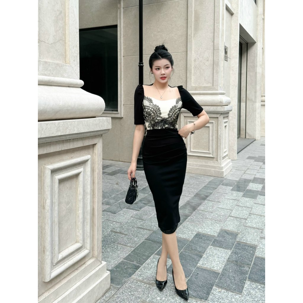 Váy thời trang body thiết kế, dự tiệc cổ vuông tay lỡ V005 vải chất liệu Hàn co giãn 4 chiều (Freeship) | BigBuy360 - bigbuy360.vn