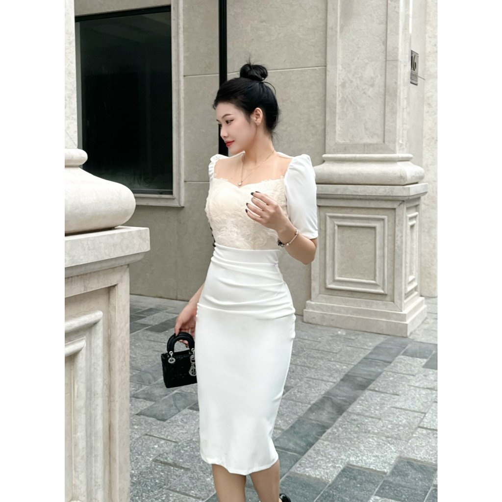 Váy thời trang body thiết kế, dự tiệc cổ vuông tay lỡ V005 vải chất liệu Hàn co giãn 4 chiều (Freeship) | BigBuy360 - bigbuy360.vn