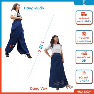 Váy quần chống nắng thông minh vải jean cotton dày dặn và mềm mại thêu họa tiết H&T FASHION