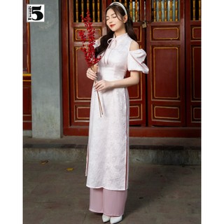 Áo dài nữ Twentyfive tay bồng xẻ ngắn cổ trụ nơ vải gấm hoa kèm quần dài SD186
