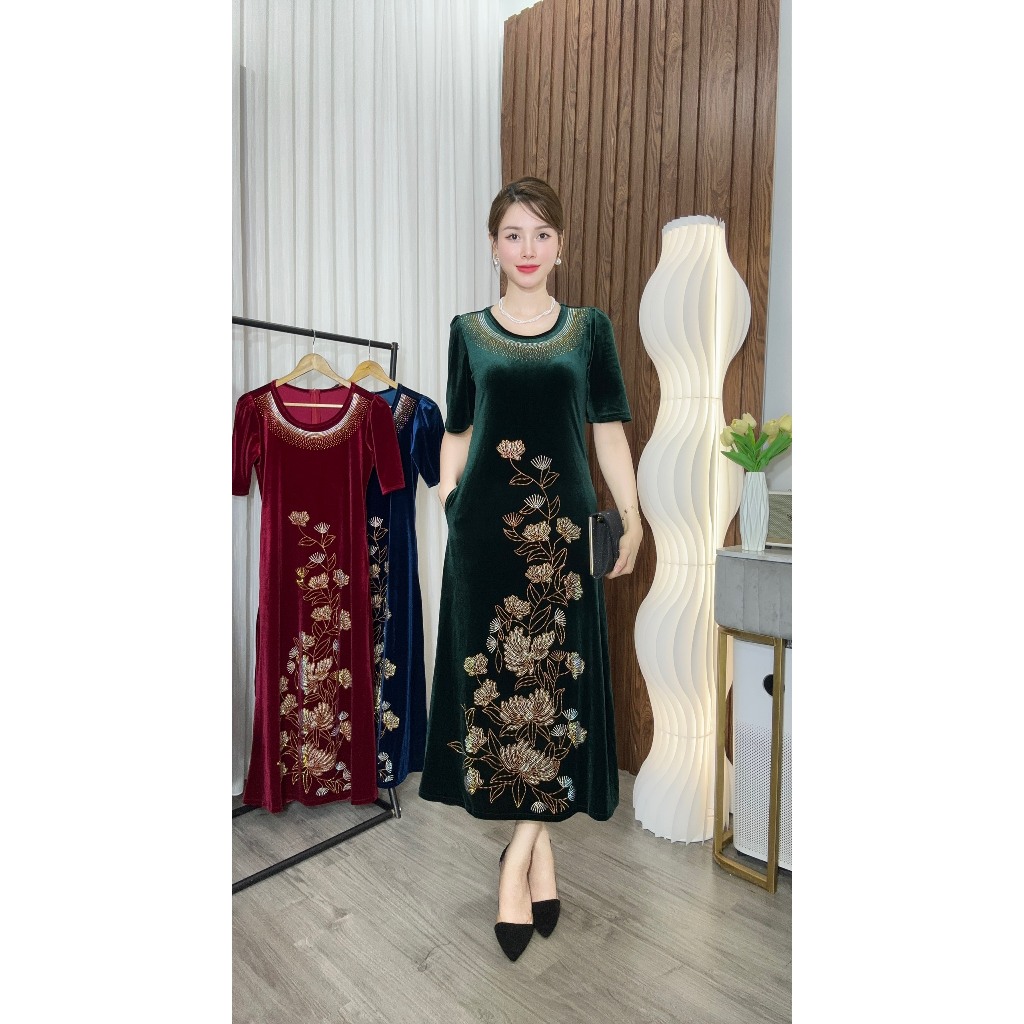 ĐẦM NHUNG ĐÍNH ĐÁ CHO MẸ VÀ BÀ