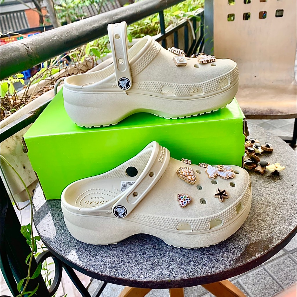 Dép sục cross classic crush unisex màu Kem đế cao 5.5cm tặng kèm  stickers 3D