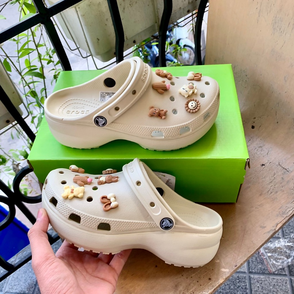 Dép sục cross classic crush unisex màu Kem đế cao 5.5cm tặng kèm  stickers 3D