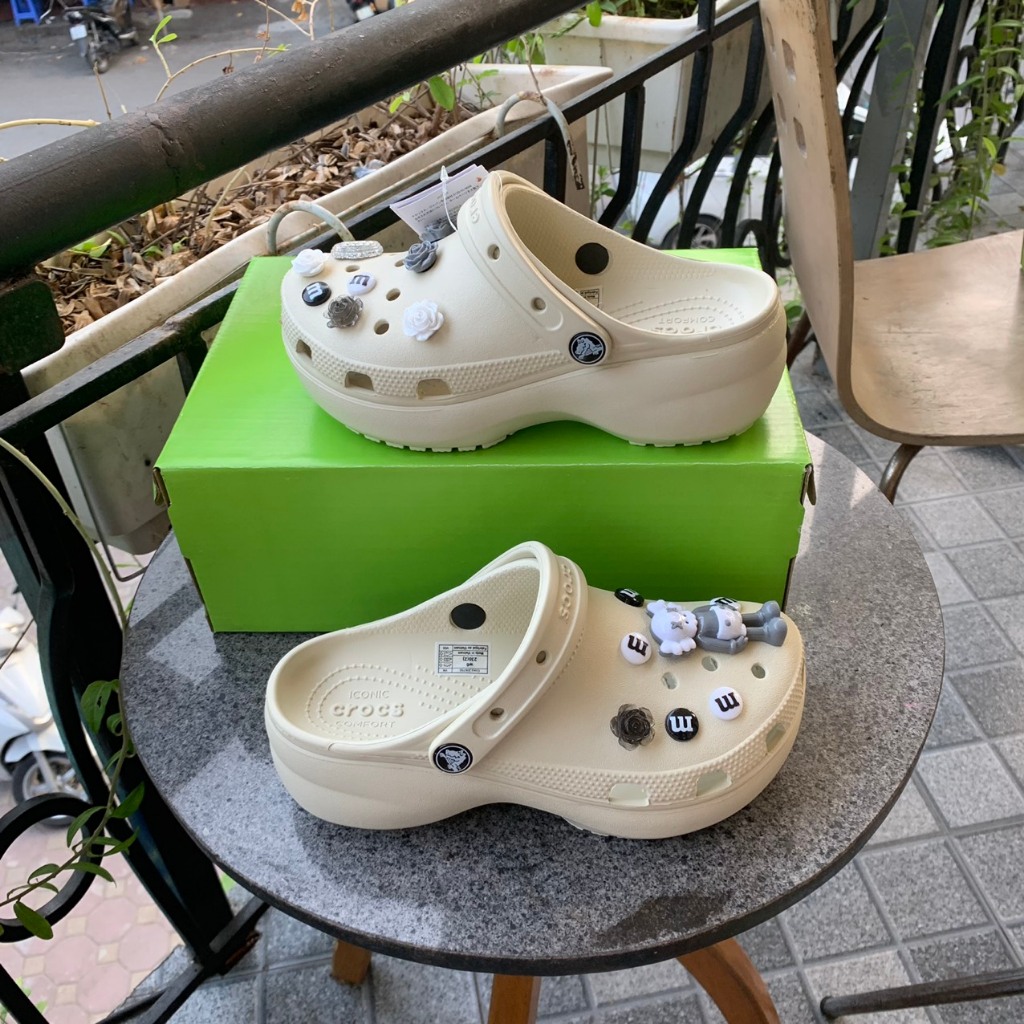 Dép sục cross classic crush unisex màu Kem đế cao 5.5cm tặng kèm  stickers 3D