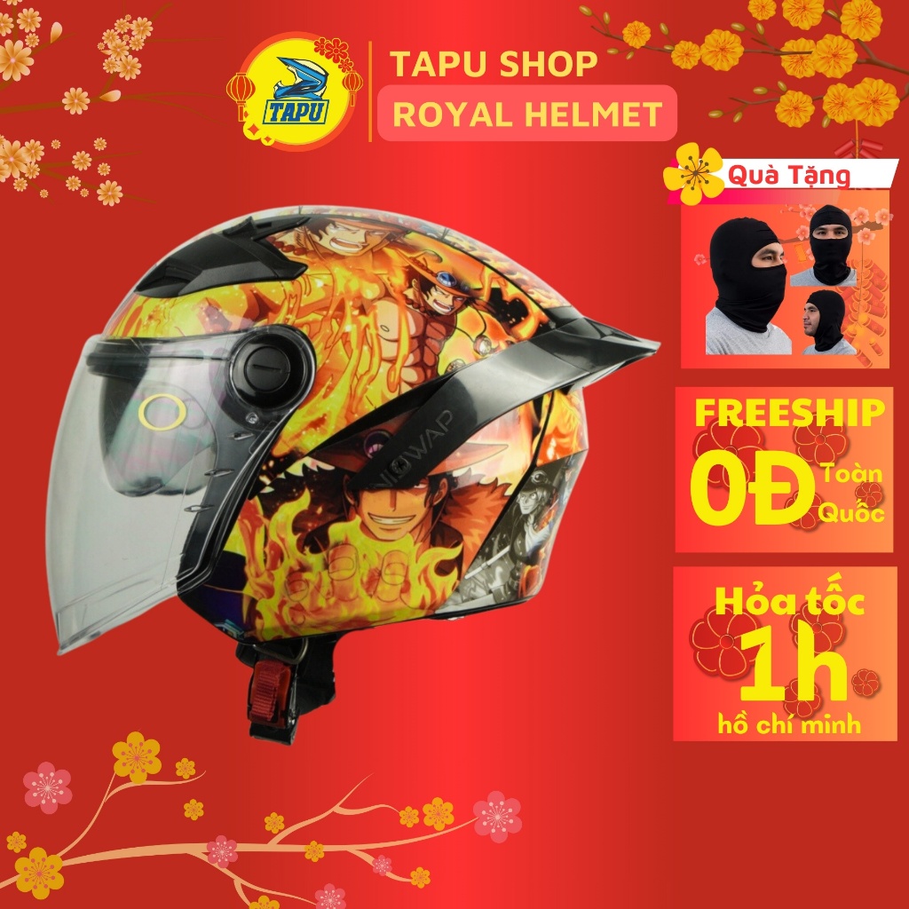 Mũ bảo hiểm 3/4 2 kính Royal M268 lên tem Onepiece ACE thêm đuôi gió pista size L,XL thêm đuôi gió - Tapu Shop
