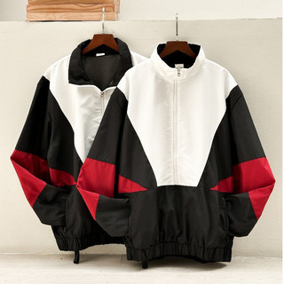 Áo khoác dù khóa zip lỡ phom unisex CAPMAN màu trắng phối đen đỏ