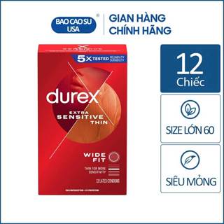 Bao cao su size lớn 60mm Durex Extra Sensitive siêu mỏng, nhiều gel bôi trơn - Nhập Mỹ hộp 12 cái (Có bán lẻ)