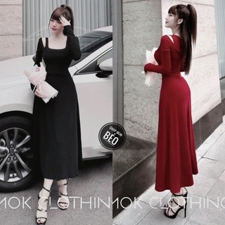 Đầm maxi cổ vuông phối 2 dây vai tay dài dáng xoè chất thun gân thái co giãn thích hợp mặc đi làm đi chơi đi tiệc