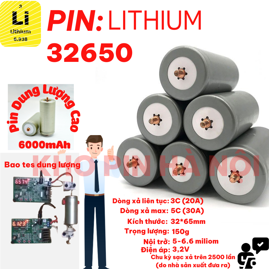 Pin lithium sắt 32650- 3.2V 5,8-6Ah TẶNG KÈM ỐC VÍT(Chống cháy nổ, có thể dùng cho NL mặt trời ,XE ĐẠP ĐIỆN