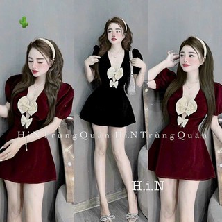 đầm thiết kế nhung phối nơ tay phồng dáng xoè midi pc