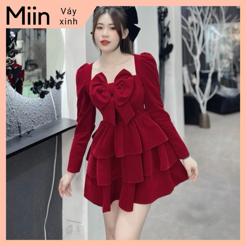 Váy nhung 3 tầng xòe nơ ngực