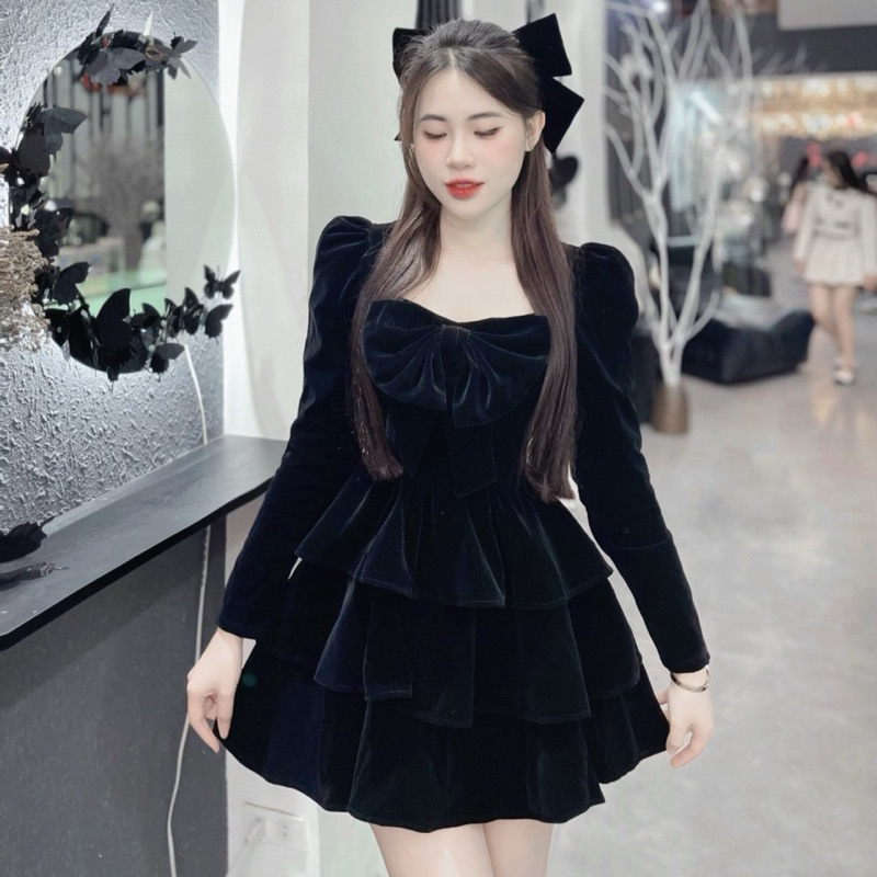 Váy nhung 3 tầng xòe nơ ngực