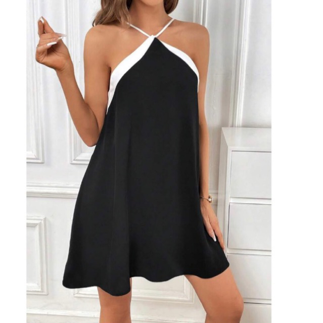 Váy đi tiệc màu đen viền trắng dáng xoè basic CÓ BIG SIZE