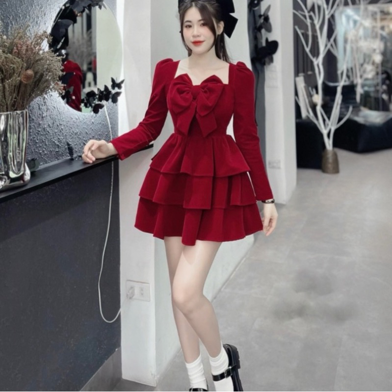 Váy nhung 3 tầng xòe nơ ngực