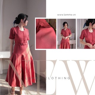 Đầm sơ mi cổ trụ dáng dài xếp ly tùng (Đỏ Mật)