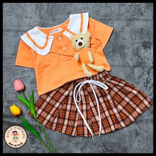 Set váy bé gái GẤU BÔNG (10-45kg), áo croptop mix gấu bông rời siêu cưng, chân váy karo xếp ly có chip trong vải cao cấp