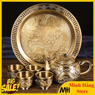 Bộ ấm chén Rồng Phượng Phong thuỷ bằng đồng cao cấp, Bộ ấm pha trà Long Phụng Sum Vầy