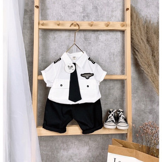Quần áo bé trai, set bộ quần áo cơ trưởng cho bé trai: áo sơ mi, cà vạt và quần short cho bé 8-18kg