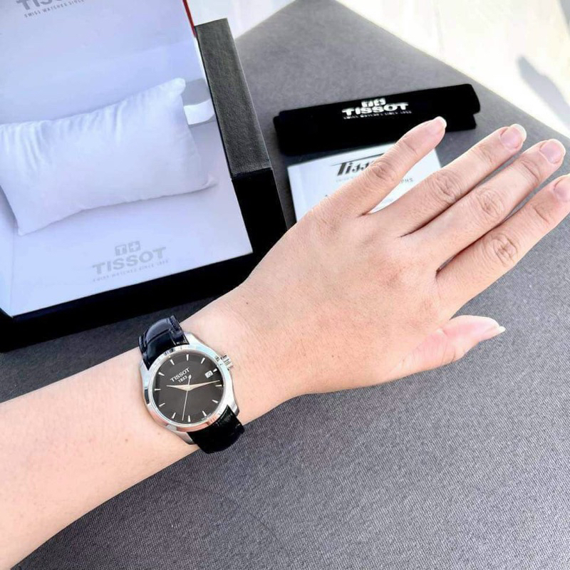 Đồng hồ Tissot nữ dây da gồ màu đen mặt đen cao cấp Tissot 1853 mặt tròn siz 32mm máy pin nhật