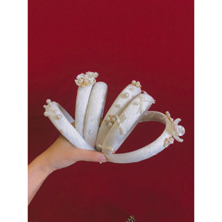  Mấn cài đầu cho mẹ và bé gấm vân kem 