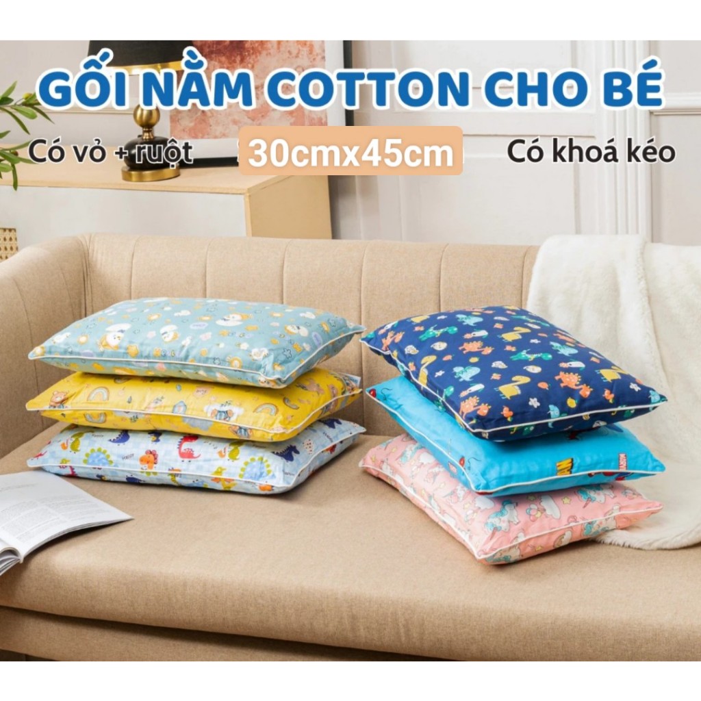 Gối muji trẻ em 100% vải cotton thoáng mát 30cmx45cm, gối đầu cho bé từ 1 đến 5 tuổi, vỏ gối nằm cotton có khóa kéo