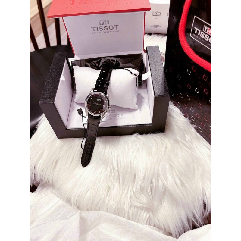 Đồng hồ Tissot nữ dây da gồ màu đen mặt đen cao cấp Tissot 1853 mặt tròn siz 32mm máy pin nhật