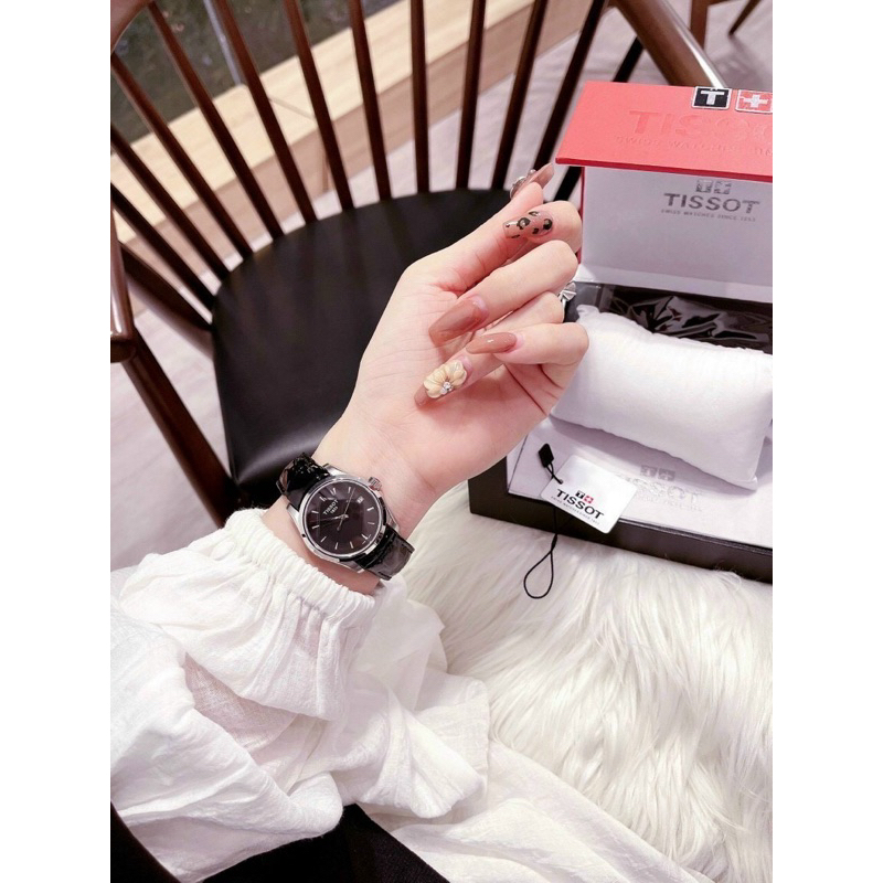 Đồng hồ Tissot nữ dây da gồ màu đen mặt đen cao cấp Tissot 1853 mặt tròn siz 32mm máy pin nhật