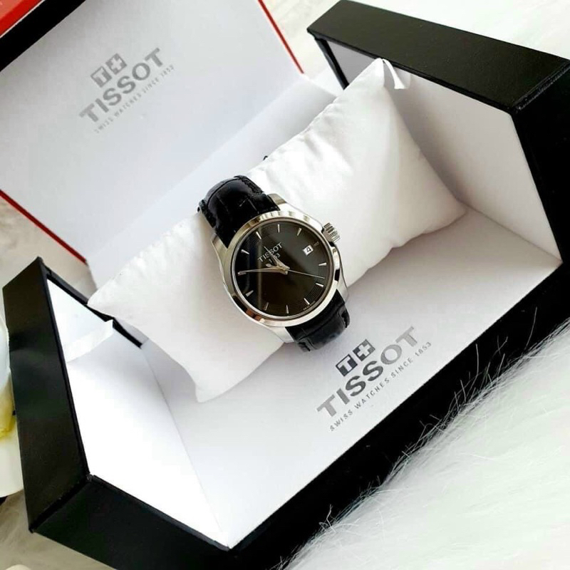 Đồng hồ Tissot nữ dây da gồ màu đen mặt đen cao cấp Tissot 1853 mặt tròn siz 32mm máy pin nhật