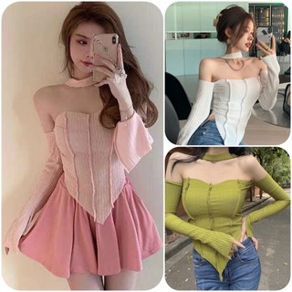 Áo kiểu choker trễ vai tay dài xẻ tà phong cách hong kong đẹp sc-be1 / áo choker xẻ tà tay dài