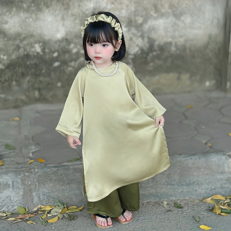 Áo Dài Bé Gái CHICHU xanh cốm lụa ngọc trai Cao Cấp dáng cách tân Tặng Bờm Nhún Và Dây