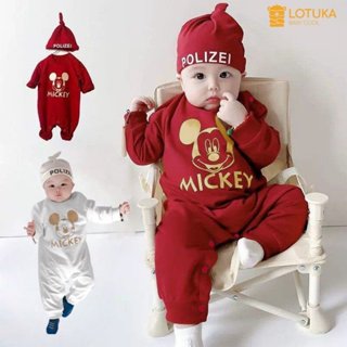 Bodysuit LOTUKA In Mickey Tặng Kèm Mũ Cao Cấp Chất Liệu Cotton, Bộ Liền Thân Sơ Sinh Dài Tay, Quần Áo Trẻ Em size 0-12m