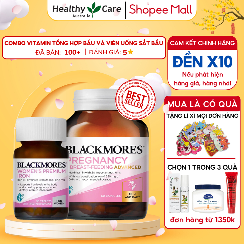 Combo Vitamin tổng hợp bầu Pregnancy And Breast Feeding Gold Blackmores 60v và Viên uống sắt bầu Pregnancy Iron 30v