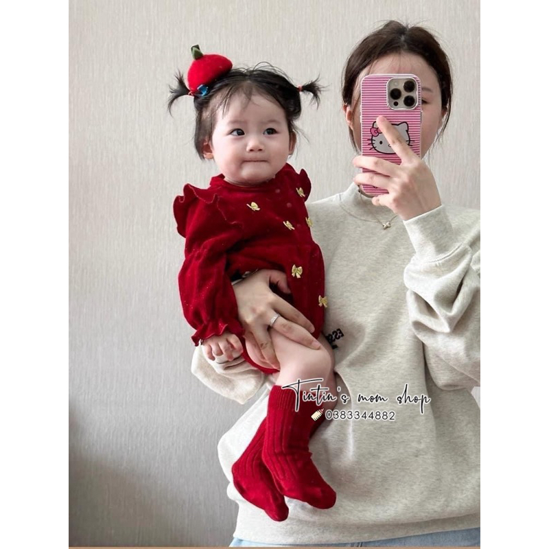 Bộ body chíp đầy tháng/ thôi nôi đỏ tay bồng cho bé gái 3-18M