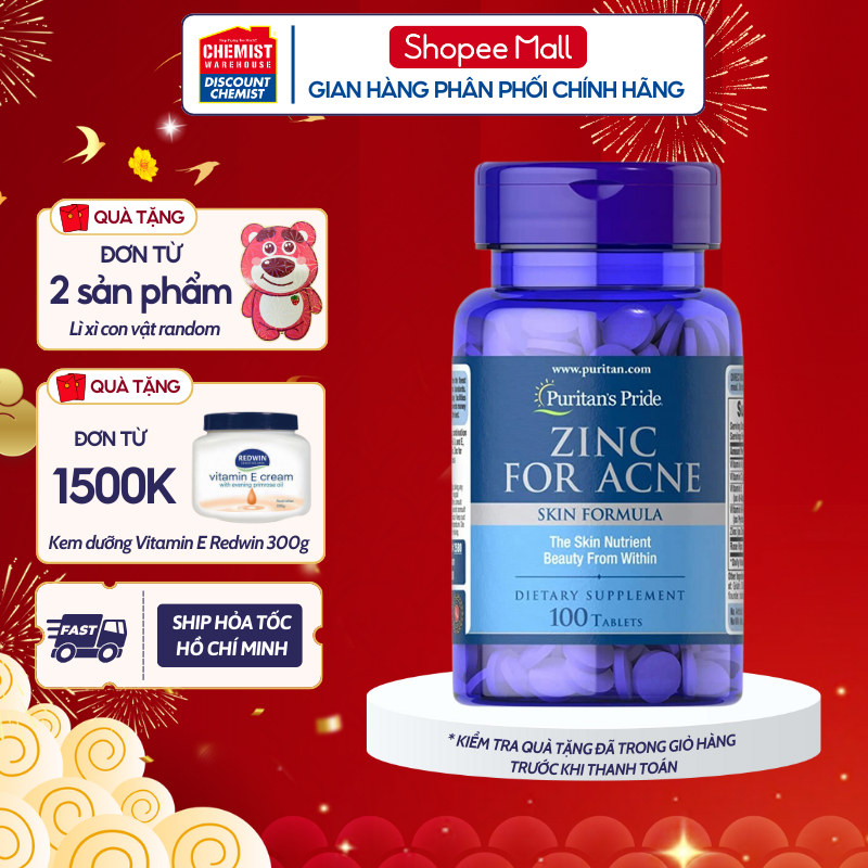 Viên Uống Giảm Mụn Nội Tiết, Mụn Đầu Đen Puritan's Pride Zinc For Acne Của Mỹ Bổ Sung Zinc, Vitamin C Hộp 100 Viên