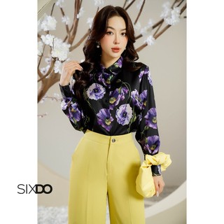 Áo sơ mi lụa đen hoa poppy sixdo