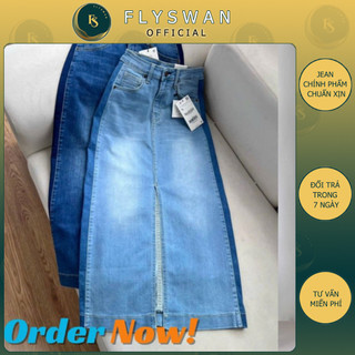 Váy jean dài xẻ trước, váy bò dáng dài cao cấp viền sườn, flyswan.