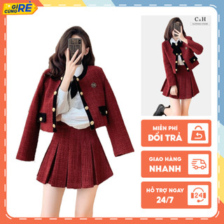 Set áo váy dạ đỏ đô tặng kèm Tag set Tweed nữ viền nhung váy xếp ly C&H Clothing
