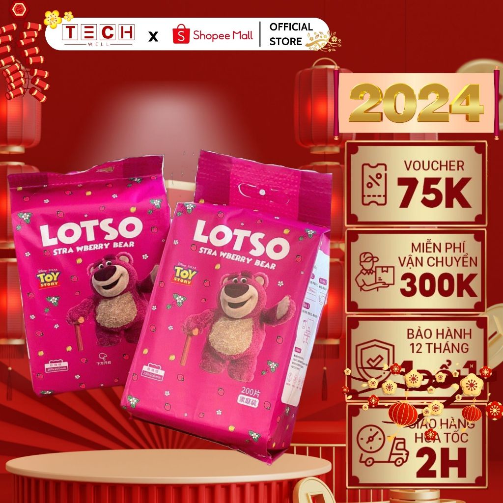 Gói 200 Khăn Lau Mặt Đa Năng Gấu Dâu Lotso Siêu Mềm Mại Phù Hợp Cho Da Nhạy Cảm An Toàn Cho Da GODWELL_KL01