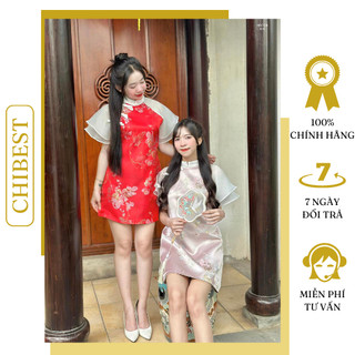 Đầm tết suông gấm hoa tay voan tầng chibest hdc128