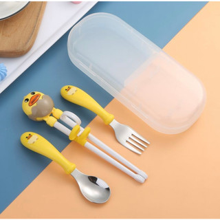 Bộ đũa thìa nĩa cao cấp tập ăn cho bé hình gà đáng yêu có hộp đựng tiện lợi đi du lịch đi chơi